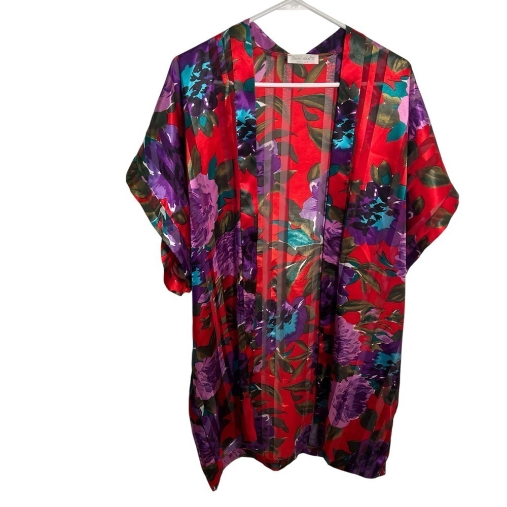 Vintage Lucie Ann II Women's Size Small Robe Red Purple Floral Sheer Stripe 1502